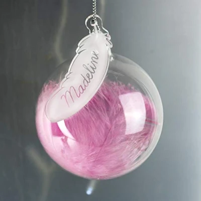 Image of Custom Personalised Pink Feather Glass Bauble Ideal for Christmas