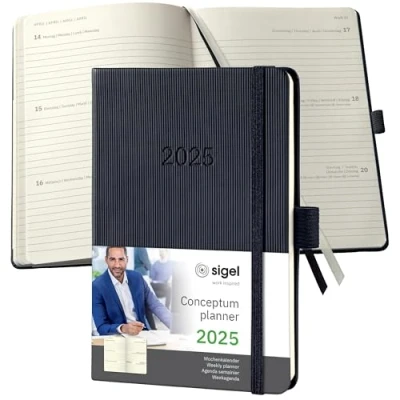 Image of SIGEL C2513 Conceptum Weekly Planner 2025, Approx. A6, Black, hardcover, 2 Pages = 1 Week, 176