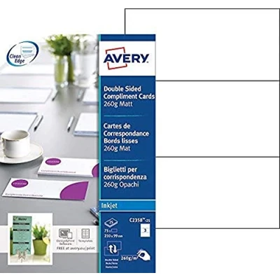 Image of Avery C2358 25 Printable Customisable Double Sided Compliment Cards, 3 Cards Per A4 Sheet, White