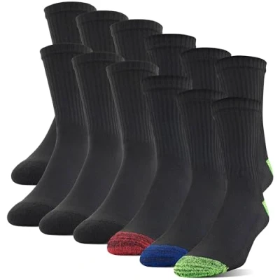 Image of Gildan Men&#039;s Polyester Half Cushion Mid Crew Socks, 12 Pack, Assorted, Shoe Size: 6
