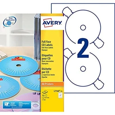 Image of Avery L7760 25 Printable, Customisable Glossy Full Face CD Labels, 2 Labels Per A4 Sheet