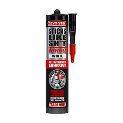 Image of EVO STIK Sticks Like Sh*t Turbo Adhesive, All Weather, Fast Setting, Extreme Temperature &amp; Movement Resistant, White, 290ml