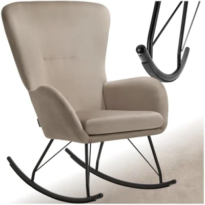 Image of TecTake® Rocking Chair with Velvet Look Cover &amp; Soft Seat Cushion, Comfy Armchair Thick Padding, High Backrest Sturdy Steel Frame, Ideal as Living Room, Nursing Bedroom Black/Beige