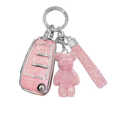 Image of RXXR Car Key Fob Cover for Audi A1 A3 A4 A6 A8 Quattro Q3 Q7 S3 S6 RS3 RS6 R8 TT TTS 3 Buttons Flip Case Soft TPU Shells with Pink Diamond Bear Keychain
