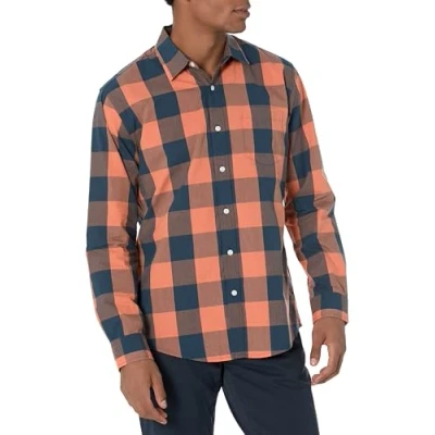 Image of Amazon Essentials Men&#039;s Regular Fit Long Sleeve Casual Poplin Shirt, Navy Orange Buffalo, XXL