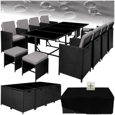 Image of TecTake Polyrattan Garden Furniture Set, Including 8 Dining Chairs, 1 Table, 4 Stools, Foldable Lounge For Up To 12 People, Patio Furniture, Protective Cover black/grey