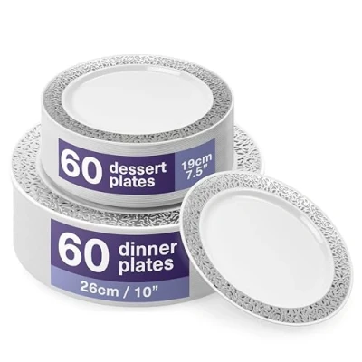 Image of MATANA 120 Premium White Plastic Plates with Silver Lace Rim 60 26cm Dinner Plates, 19cm Dessert Elegant &amp; Reusable Party for Weddings, Birthdays, BBQ, Parties