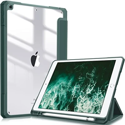 Image of FINTIE Hybrid Case Compatible with iPad 9th/8th/7th Generation (2021/2020/2019 Model, 10.2 inch) Shockproof Cover Clear Back Shell w/Pencil Holder, Auto Wake/Sleep, Midnight Green