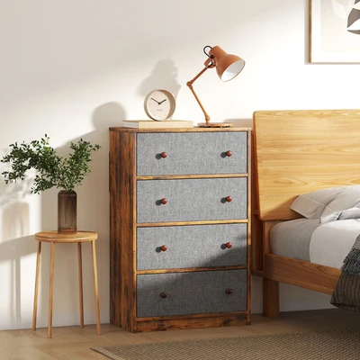 Image of HOMCOM Chest of Drawers, Dresser with 4 Fabric Drawers and Steel Frame for Bedroom, Living Room, Hallway, Grey Rustic Brown