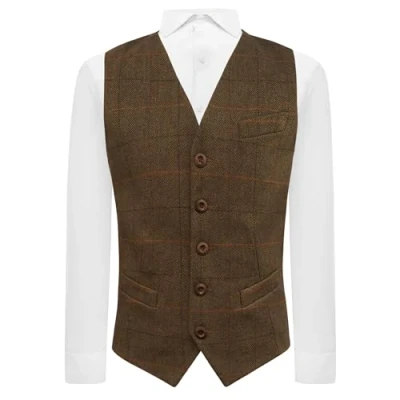 Image of King &amp; Priory Luxury Dijon Brown Herringbone Check Waistcoat, Tweed (S)