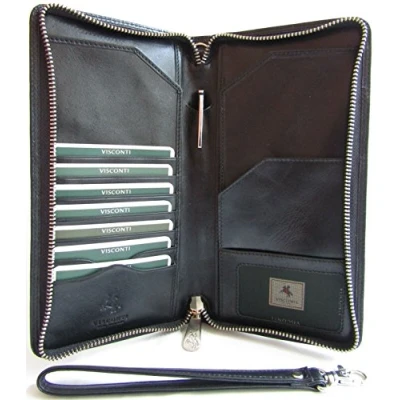 Image of New Unisex Visconti Italian Style Leather Passport Travel RFID Anti Fraud Wallet Black Or Brown MZ101 Monza Wing (Italian Black)