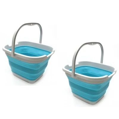Image of SAMMART 10L Collapsible Rectangular Handy Basket/Bucket (Grey/Bright Blue (Set of 2))