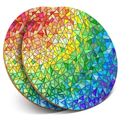 Image of 2 x Round Coasters Rainbow Stained Glass Art Cork Backed Home Kitchen Accessory Tea Coffee Mug Mat #3023