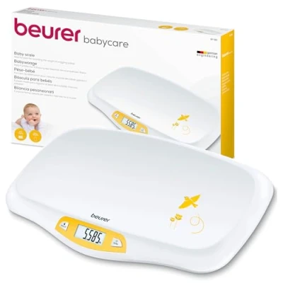 Image of Beurer BY80 baby scale Digital weighing with large LCD screen Curved platform for comfort and safety Tare hold functions Easy 20kg load capacity wipe clean