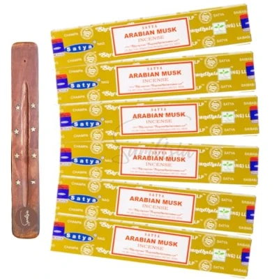Image of Satya Nag Champa Arabian Musk incense sticks x6 pack with SAMASIA holder Used for Aromatherapy, Spa, Yoga, Weddings, Meditation, Healing, Positivity and Relaxation