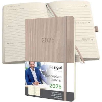 Image of SIGEL C2530 Conceptum Weekly Planner 2025, Approx. A5, Taupe, softcover, 2 Pages = 1 Week, 192
