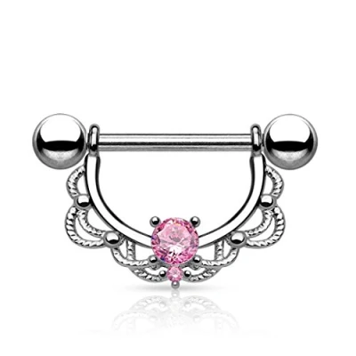 Image of The Goldmine Nipple Piercing Light Pink CZ Centred Filigree Drop 316L Surgical Stainless Steel bar Ring 14GA(1.6mm) 5/8&quot; (16mm) (12mm actual space for Nipple)
