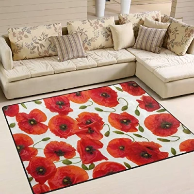 Image of Use7 Red Poppy Flower Floral Print Area Rug Rugs for Living Room Bedroom 203cm x 147.3cm(7 5 feet)