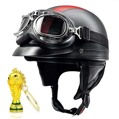Image of Retro Vintage Style Open Motorbike Helmet With Goggles,Retro Leather Motorcycle Half For Men And Women, Pilot Adult Face Bike 54 62cm
