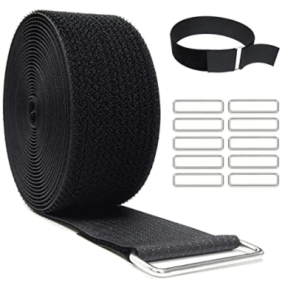 Image of YMCRLUX 5cm 5m Hook and Loop Straps with 10 Metal Buckles,Cut to Length Reusable Cable Ties,Adjustable Fastening Straps,Nylon Securing Cinch Strap,2 inch Wide, Black