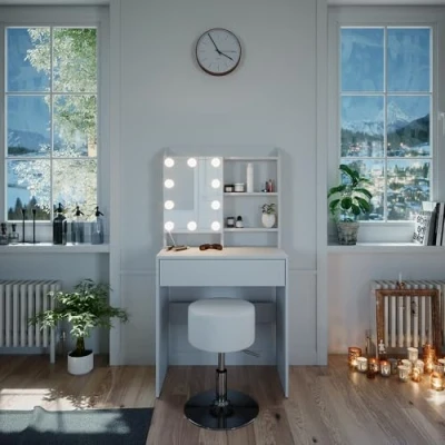 Image of Vicco Vanity table Laura, White, 70 cm with LED lighting and stool