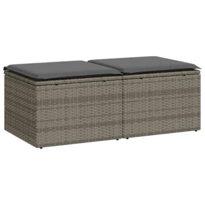 Image of vidaXL 2 piece poly rattan garden sofa set/grey outdoor seating with acacia wood/durable modular patio/terrace furniture/hidden storage/cushions washable cover