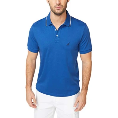 Image of Nautica Men&#039;s Classic Fit Short Sleeve Dual Tipped Collar Polo Shirt, Monaco Blue, S