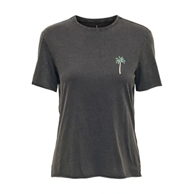 Image of ONLY Women&#039;s Onllucy Reg S/S Palm Tiger Top Box JRS T Shirt, Black/Print: Enigma, XS