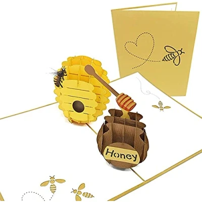 Image of PopLife Beehive and Honeypot 3D Valentines Pop Up Card for your HONEY! Mothers Day Up, Anniversary Card, Happy Birthday, Engagement Gift Her Folds Flat Husband, Wife