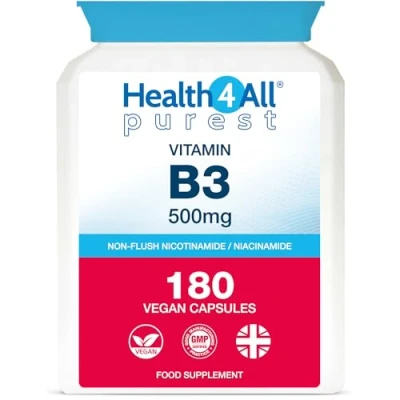 Image of Health4All Vitamin B3 Niacin as Nicotinamide (Niacinamide) 500mg 180 Capsules (V) Purest, No Additives, Vegan, Gluten Free Flush