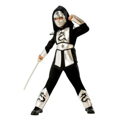 Image of Rubie&#039;s 641142 L Children&#039;s Ninja Fancy Dress Costume with Silver and Dragon Motifs, Size (8 10 Years)
