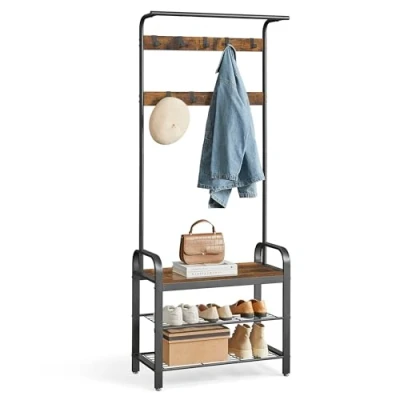 Image of VASAGLE Coat Rack, Stand with Shoe Storage Bench, 4 in 1 Design, 9 Removable Hooks, a Clothes Rail, for Hallway, Entrance, 33.7 x 72 183 cm, Industrial, Rustic Brown and Black HSR40B.
