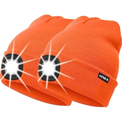 Image of ATNKE 2Pcs New Warm LED Lighted Beanie Cap Unisex USB Rechargeable Running Hat Ultra Bright 4 Waterproof Light Lamp Multi color/Bright orange