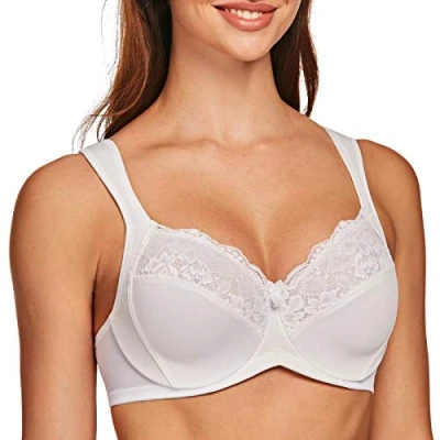 Image of MELENECA Women&#039;s Minimizer Bra Full Coverage Plus Size Underwire Lace Comfort Cushion Strap White 42D