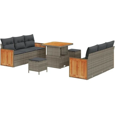 Image of vidaXL 9 Piece Garden Sofa Set with Cushions Grey Poly Rattan Acacia