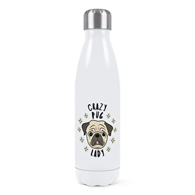 Image of Crazy Pug Lady Stars Double Wall Water Bottle Insulated Stainless Steel Sports Drinks 500ml White