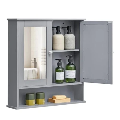 Image of VASAGLE Bathroom Cabinet with Mirror, Wall 2 Mirrored Doors and Open Compartment, Adjustable Shelf, Mounted, 13 x 56.5 58.5 cm, Dove Grey LHC002G02