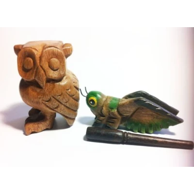 Image of Wooden Percussion 2 Piece Set of 3 Inch Cricket and Owl