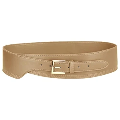 Image of Elerevyo Womens Obi Waist Belt, Vintage Faux Leather Buckle Wide Belts Waistband for Dress Coat Beige 70 75cm/27.56 29.53&quot;