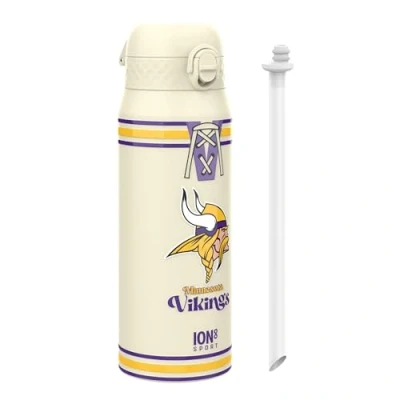 Image of Ion8 NFL Vikings Sports Thermal water Bottle with Removable Straw, 750ml/24oz, Leak proof Vacuum Insulated Drinking Bottle, Easy to Open, Secure Lock, Dishwasher Safe, Flip Cover, Metal