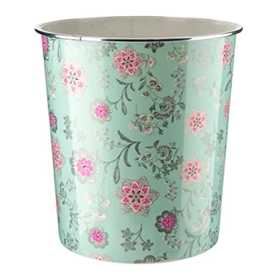 Image of Homeshopa Plastic Waste Paper Basket Bin, Floral Retro Round Trash Can, Lightweight Recycling Rubbish Bin for Kitchen, Bedroom, Bathroom, Open Top Garbage Dustbin, 7.7 Litre (Green 4)