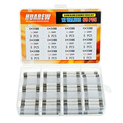 Image of HUAREW 12 values 60 pieces 6x30 mm 1A 2A 3A 4A 5A 6A 7A 8A 10A 15A 20A 30 A 250 V slow blow ceramic tube fuse classification kit