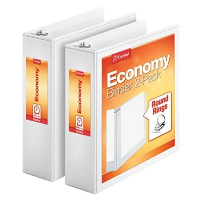 Image of Cardinal Economy 3 Ring Binder, Binders for School and Office, Durable Inch, Presentation View, White, Holds 625 Sheets, Nonstick, PVC Free, 2 Pack of (79530)
