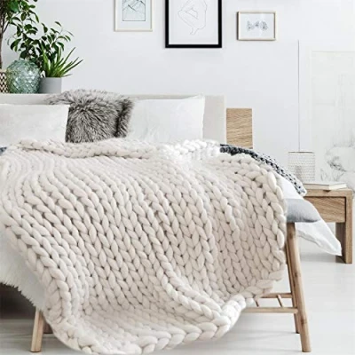 Image of HOME DECO FACTORY TX8072 Chunky Knit Fleece Blanket Ecru, Acrylic, One Size