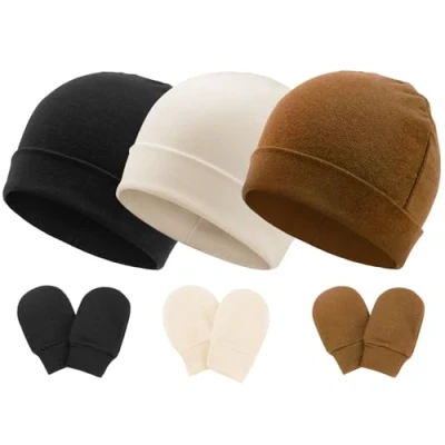 Image of DRESHOW Newborn Baby Hats Mittens Set, 3pcs &amp; 3 Pairs Mittens, Infant Cotton Gloves No Scratch for 0 6 Months