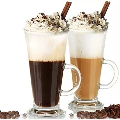 Image of Royal Cuisine Latte Glasses Coffee Cups for Espresso Cappuccino Tea Hot Drink Glass with Handle Ideal Ice Cream Latte, Chocolate, Set of 2 (270ml)