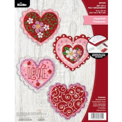 Image of Bucilla, Heartfelt Treasures, Felt Applique 4 Piece Ornament Making Kit, Perfect for DIY Arts and Crafts, 89745E