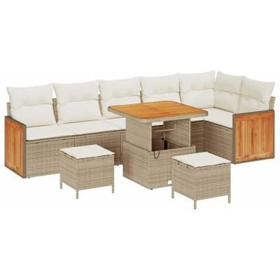 Image of vidaXL 9 Piece Garden Sofa Set with Cushions Beige Poly Rattan Acacia