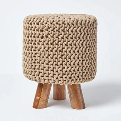 Image of HOMESCAPES Linen Cotton Knitted Pouffe Footstool with Wooden Legs 32 x 42 cm