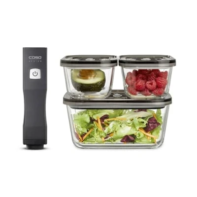 Image of CASO Vacu OneTouch Eco Kit Handheld Vacuum Sealer with 3 Glass Containers, 10 Zip Bags and Food Manager Stickers, Wireless, Up to 150 Minutes Runtime, Rechargeable